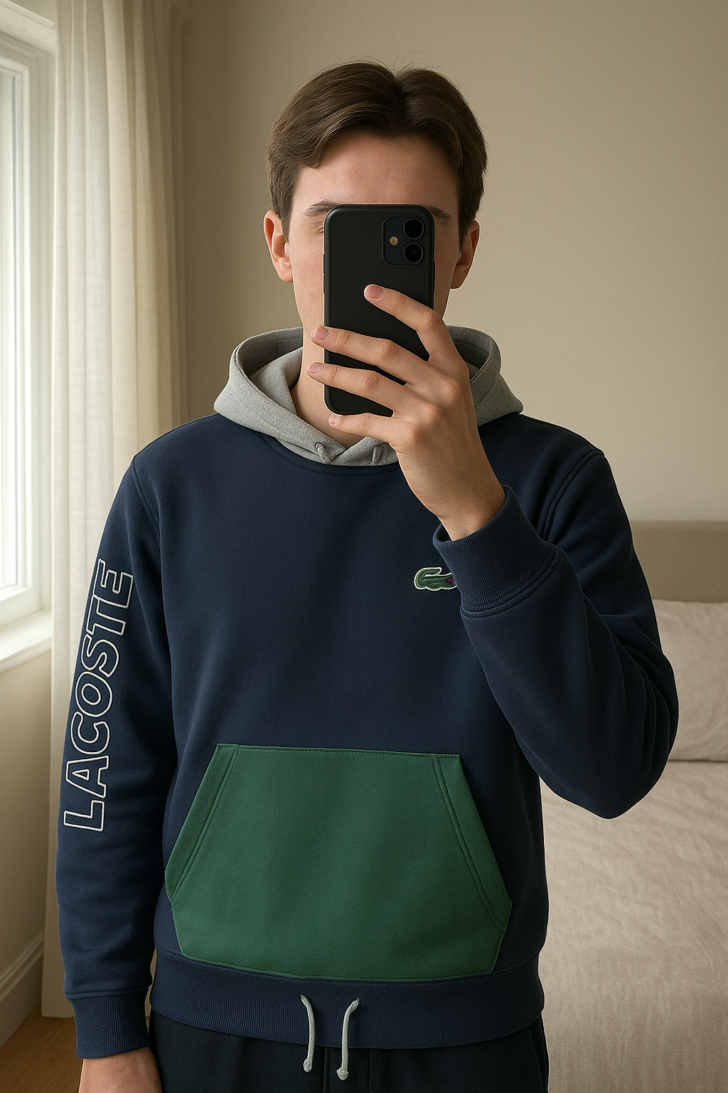 Sweat lacoste debout, face à la caméra, dans une chambre à la lumière douce, avec une lumière naturelle filtrant par la fenêtre.