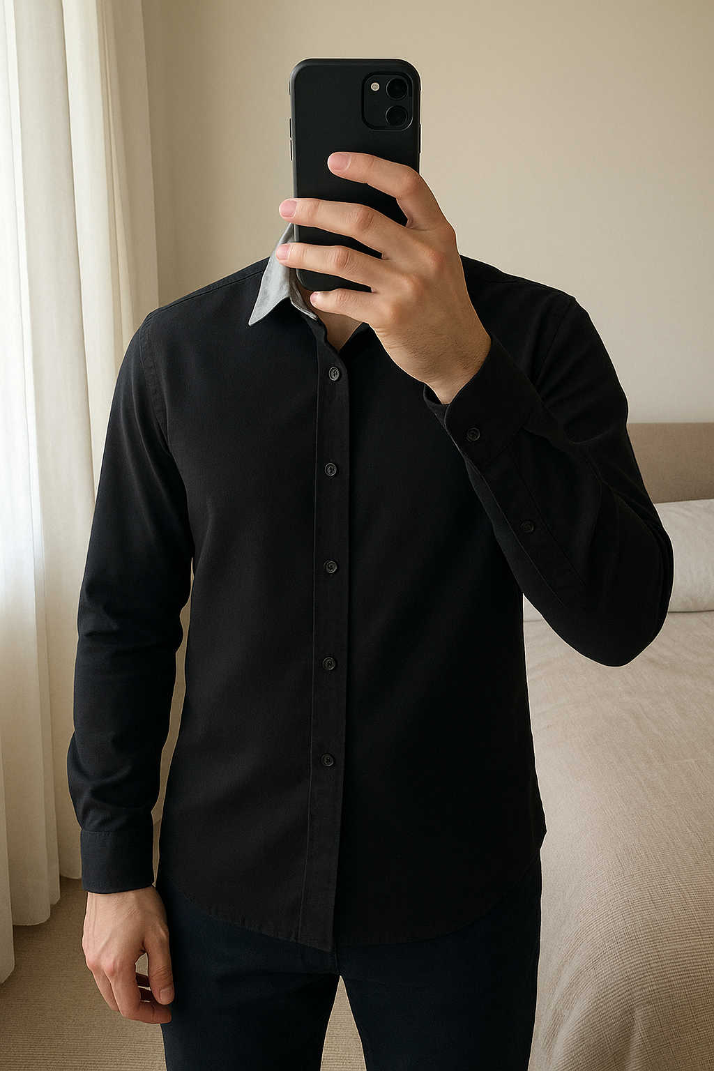 Chemise noire Torrente debout, face à la caméra, dans une chambre à la lumière douce, avec une lumière naturelle filtrant par la fenêtre.
