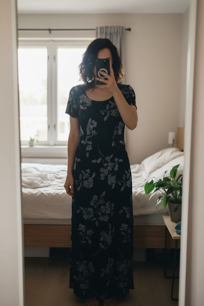 Robe Anne Elisabeth debout, face à la caméra, dans une chambre à la lumière douce, avec une lumière naturelle filtrant par la fenêtre.