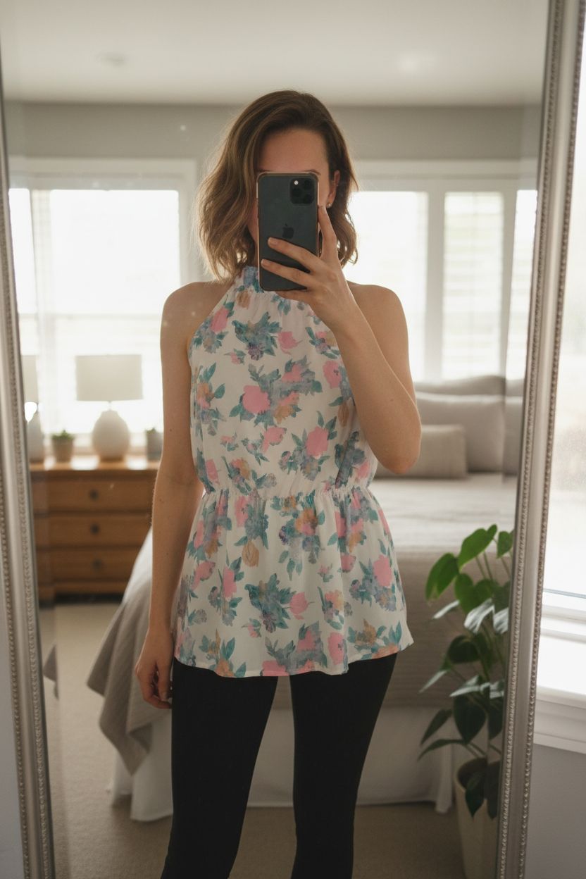 Pastell Blumen Top 🌸 Sommer Neckholder Bluse | luftig & verspielt | Gr. XL (fällt kleiner aus) aufrecht stehend, der Kamera zugewandt, in einem sanft beleuchteten Schlafzimmer, mit natürlichem Licht, das durch ein Fenster fällt.