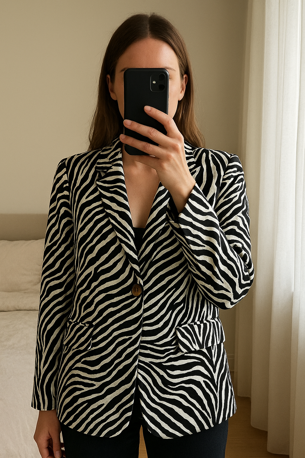 Blazer imprimé zèbre Canda debout, face à la caméra, dans une chambre à la lumière douce, avec une lumière naturelle filtrant par la fenêtre.