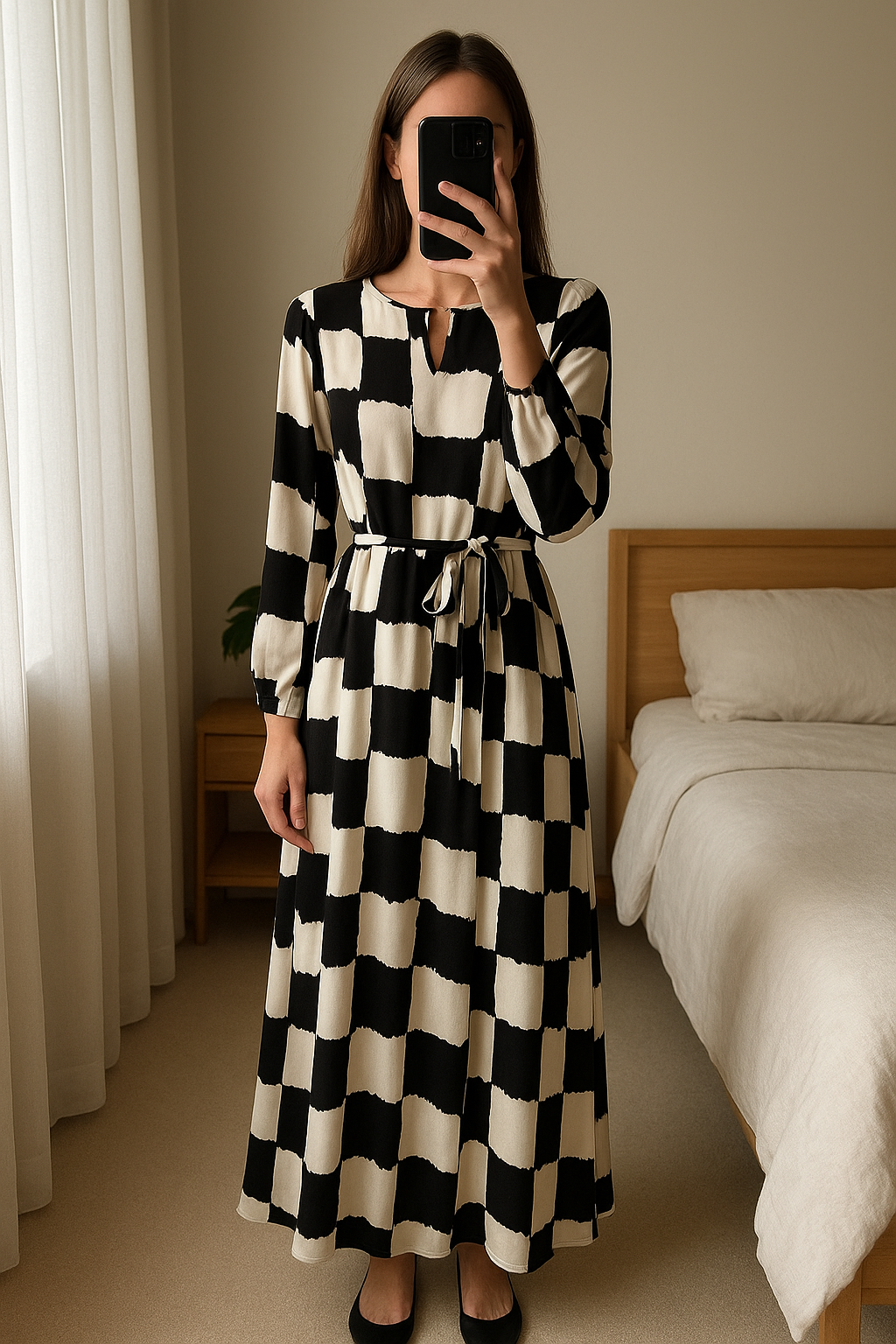 Marks & Spencer Collection Maxi Dress – Size 16 – BNWT standing straight facing the camera, in a softly lit bedroom setting, with gentle natural light filtering through a window.