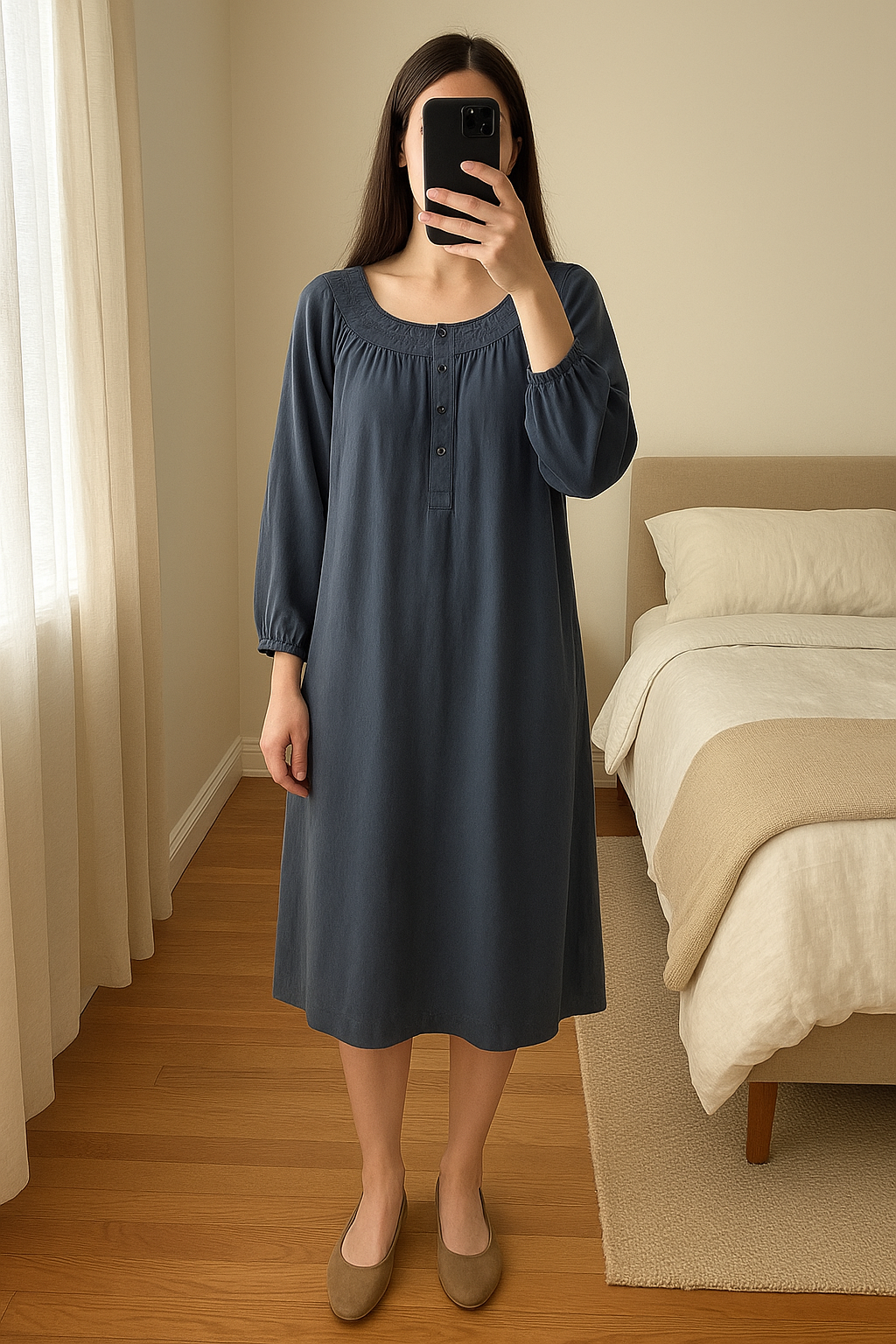 Thomas Burberry Authentic Slate Grey Tunic Smock Dress - Size Small standing straight facing the camera, in a softly lit bedroom setting, with gentle natural light filtering through a window.