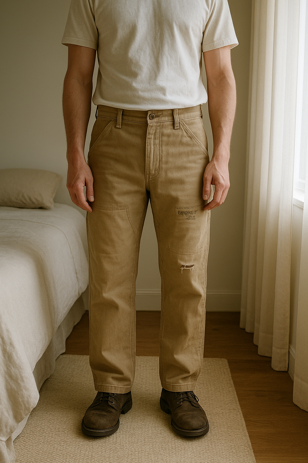 Dickies Pantalone Beige XL – Stile Workwear in piedi, rivolto verso la fotocamera, in una camera da letto con luce soffusa e luce naturale che filtra dalla finestra.