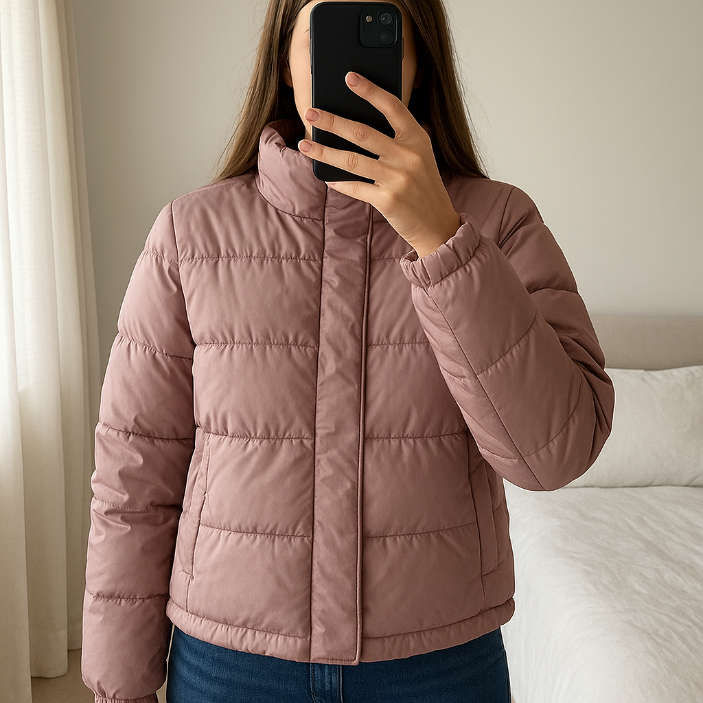 📣Plumón Pinko, nuevo de pie, mirando a la cámara, en un dormitorio con luz suave y natural filtrándose por la ventana.