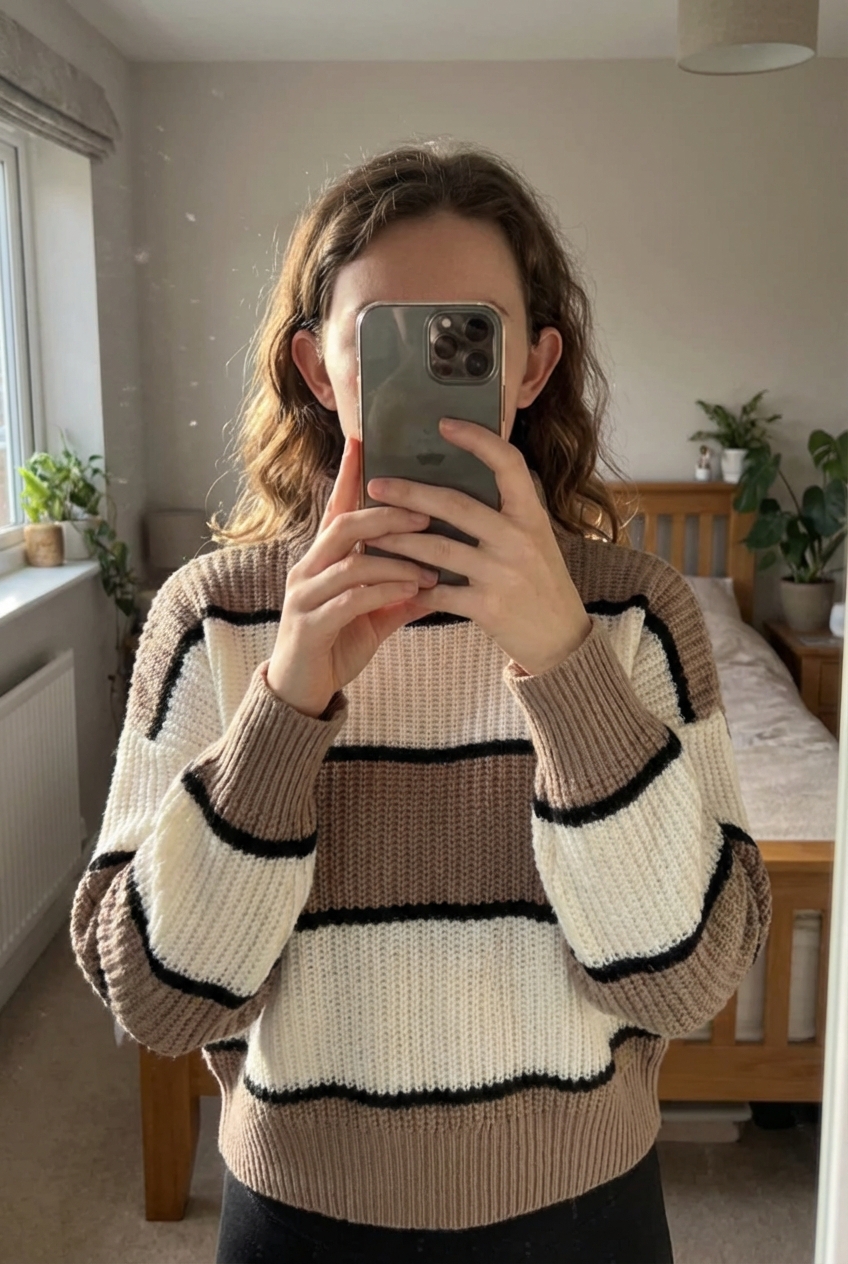 Pull d’hiver taille L très bonne état debout, face à la caméra, dans une chambre à la lumière douce, avec une lumière naturelle filtrant par la fenêtre.