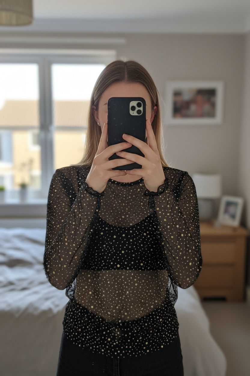 Topshop Black Mesh Sheer Long Top Gold stars 🌟 standing straight facing the camera, in a softly lit bedroom setting, with gentle natural light filtering through a window.