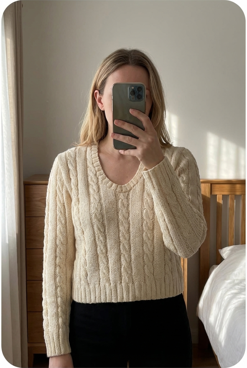 Pull Vintage Torsadé Aran Wool Sweater Laine Beige Aran Craft L debout, face à la caméra, dans une chambre à la lumière douce, avec une lumière naturelle filtrant par la fenêtre.