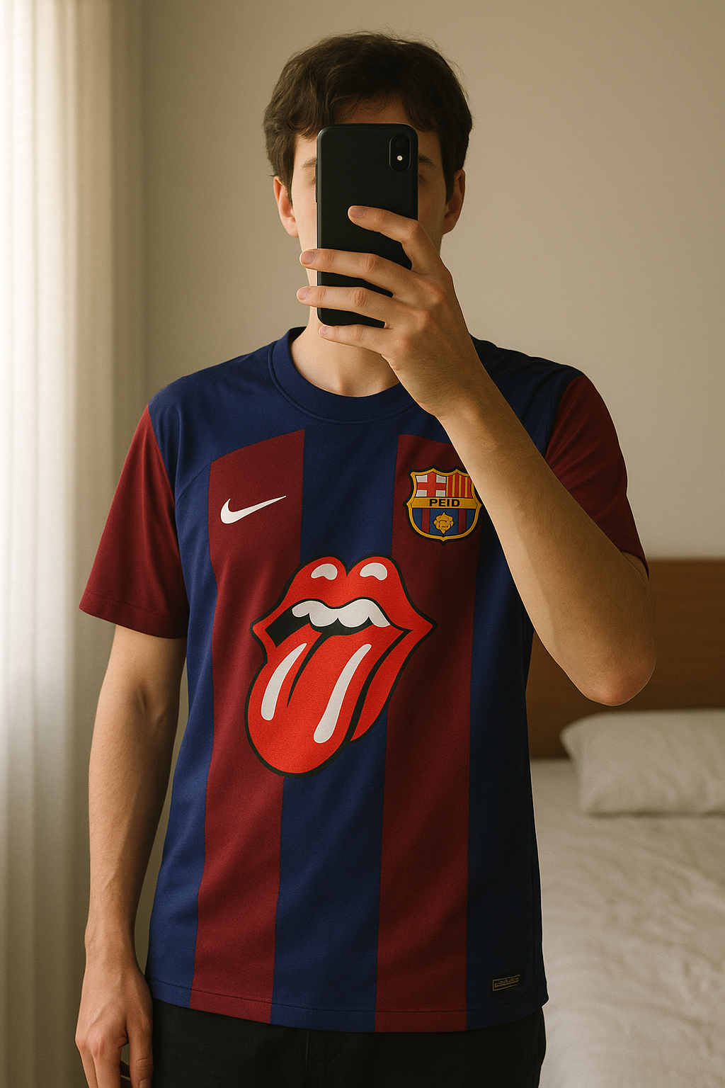 Maillot FC Barcelone Rolling stones debout, face à la caméra, dans une chambre à la lumière douce, avec une lumière naturelle filtrant par la fenêtre.