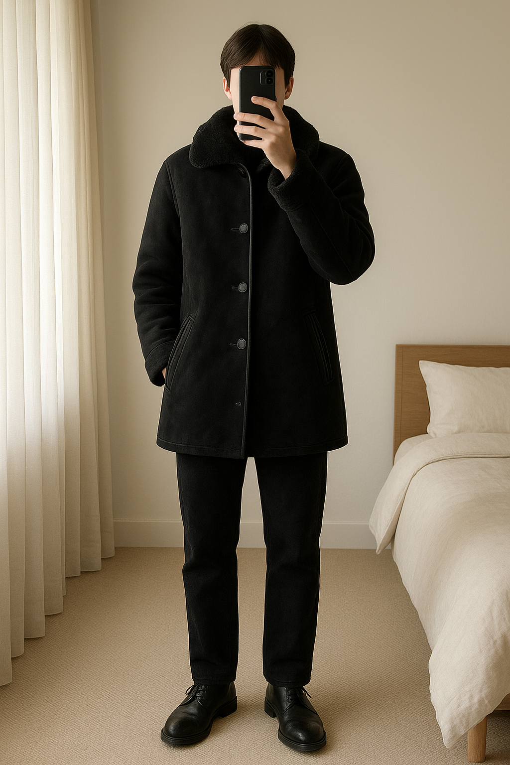 manteau 3/4 hiver Jacques-Jacquelle Paris debout, face à la caméra, dans une chambre à la lumière douce, avec une lumière naturelle filtrant par la fenêtre.