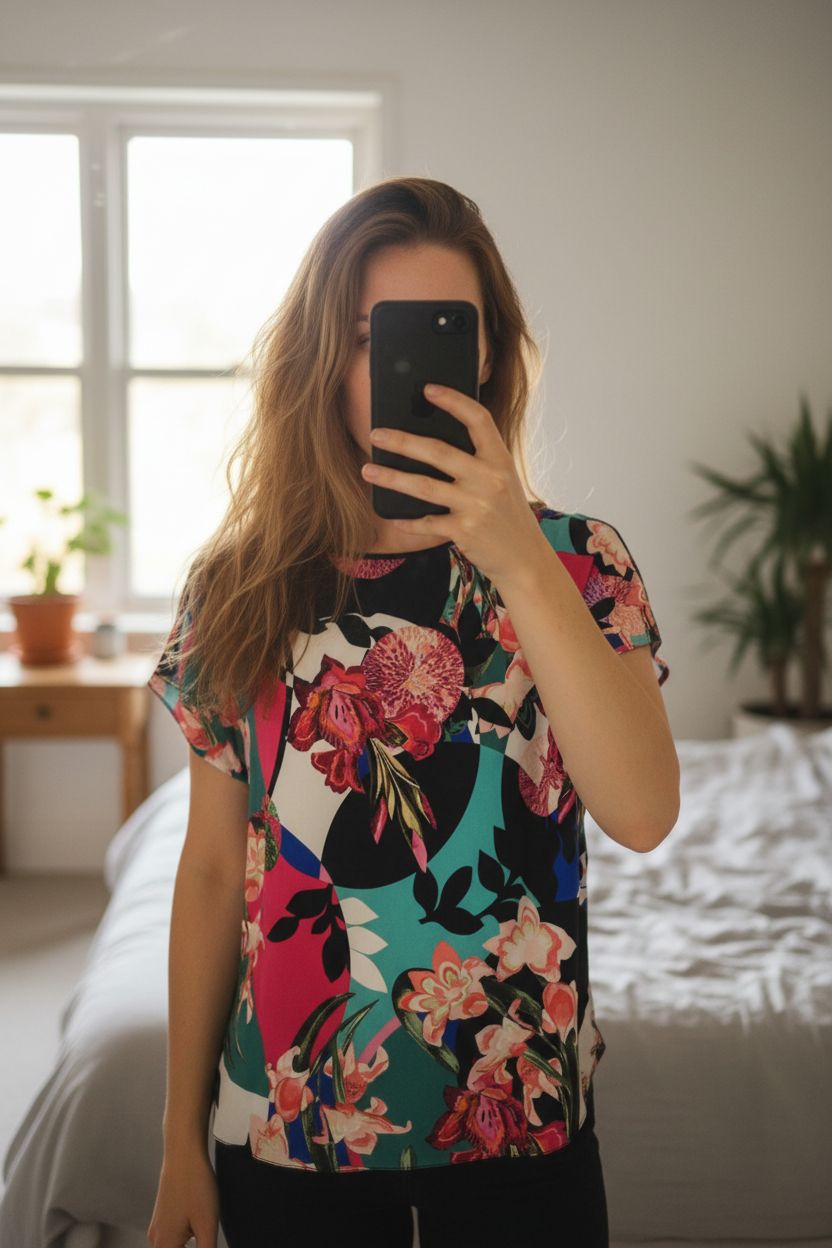 Monsoon floral woven front tee size S multicolour short sleeve dopamine silky standing straight facing the camera, in a softly lit bedroom setting, with gentle natural light filtering through a window.