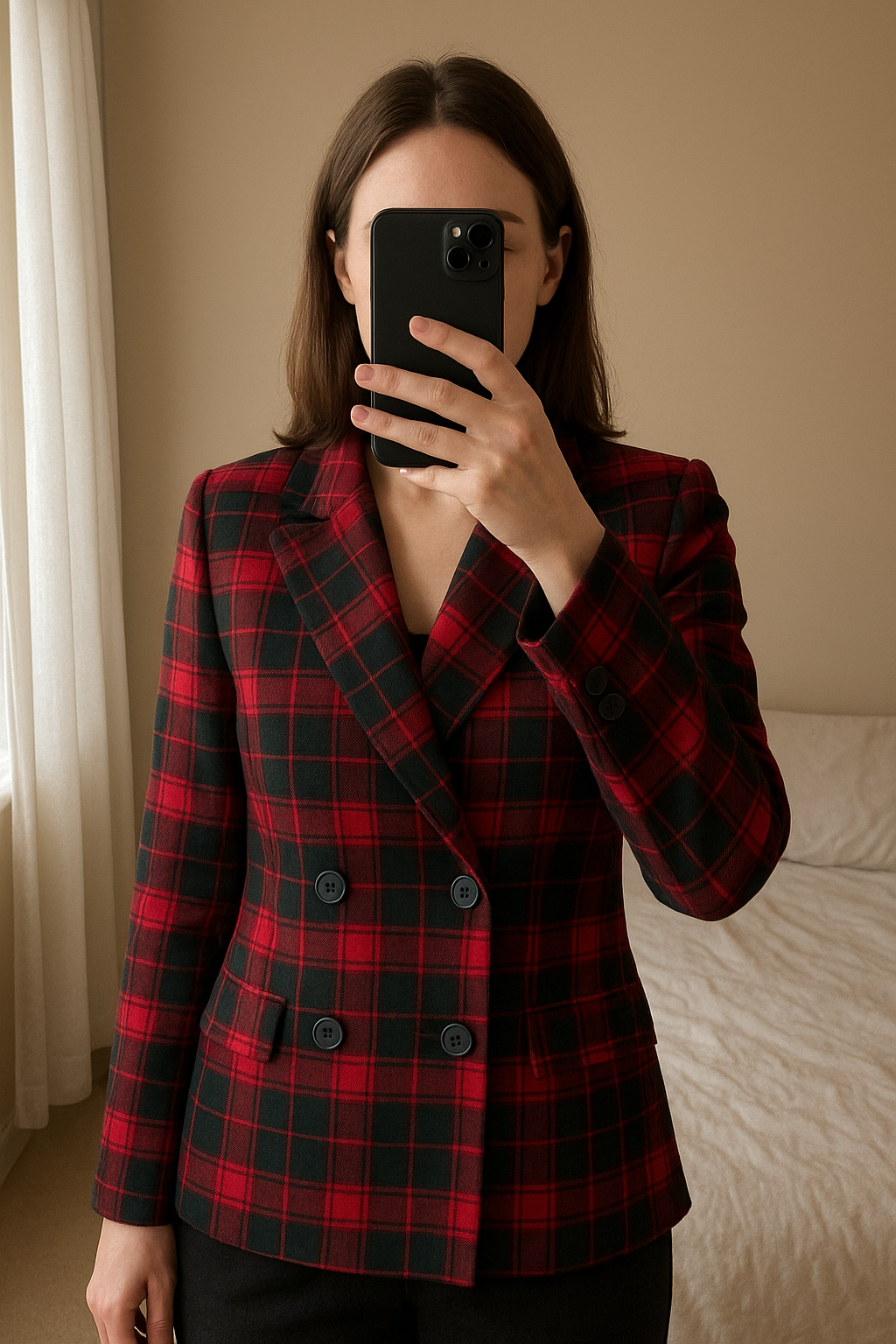 Veste Yves st Laurent debout, face à la caméra, dans une chambre à la lumière douce, avec une lumière naturelle filtrant par la fenêtre.