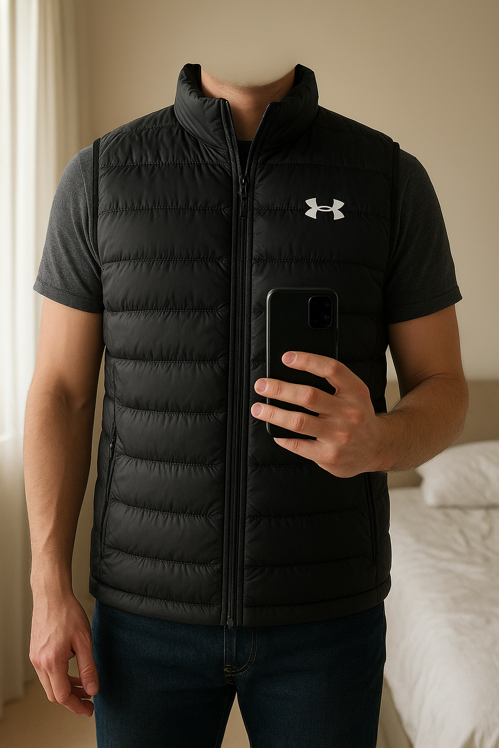 Doudoune sans manche under armour debout, face à la caméra, dans une chambre à la lumière douce, avec une lumière naturelle filtrant par la fenêtre.
