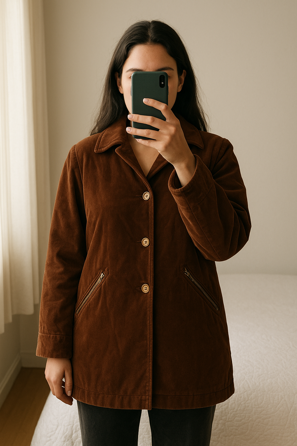 Vintage Casaco Parka Veludo em pé, de frente para a câmera, em um quarto com iluminação suave e luz natural filtrando pela janela.