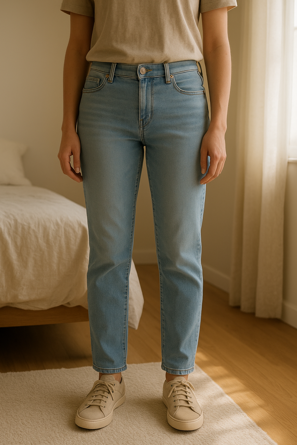 Jeans Zara Lichtblauw 👖 debout, face à la caméra, dans une chambre à la lumière douce, avec une lumière naturelle filtrant par la fenêtre.