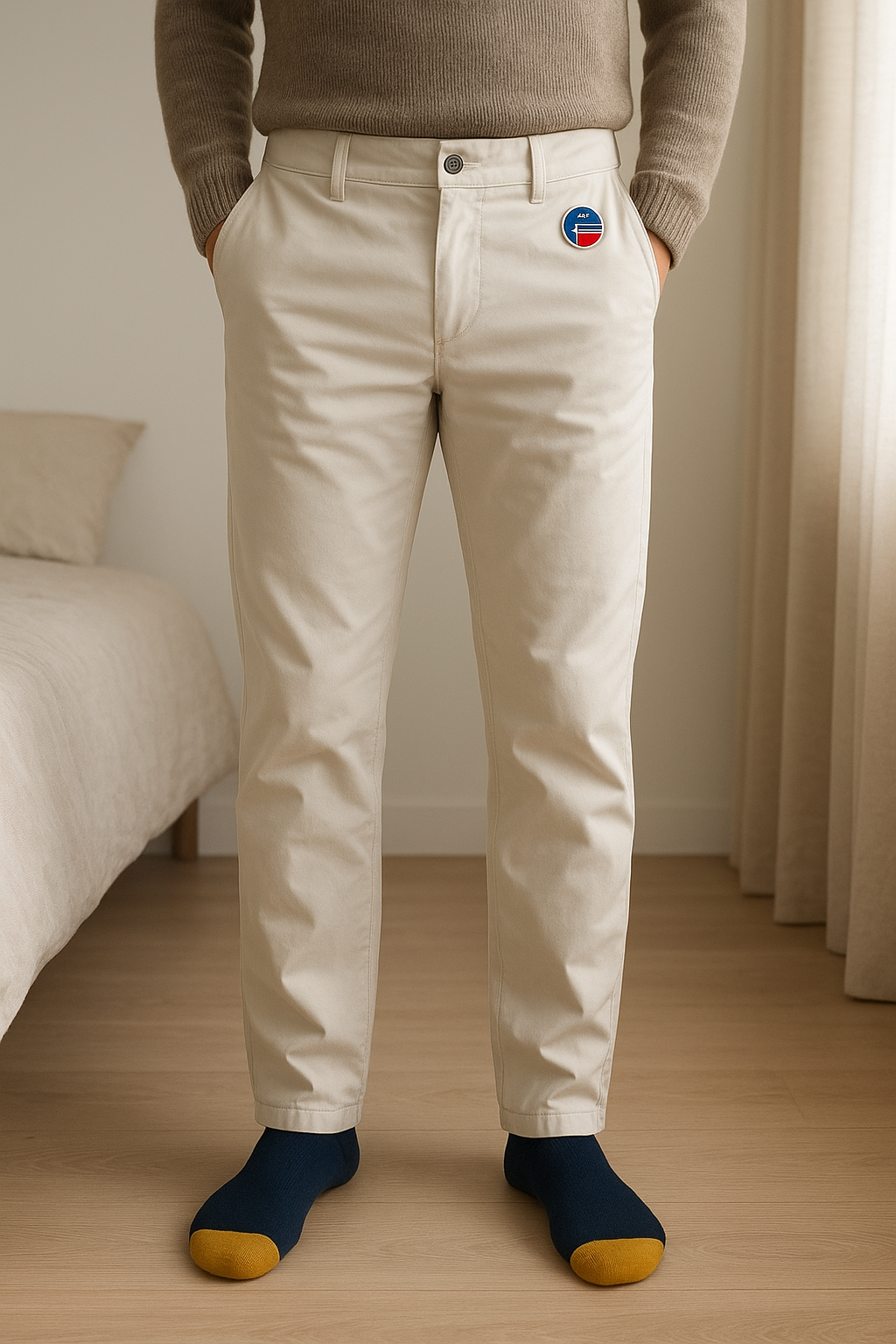 Pantalon Fusalp 44 debout, face à la caméra, dans une chambre à la lumière douce, avec une lumière naturelle filtrant par la fenêtre.