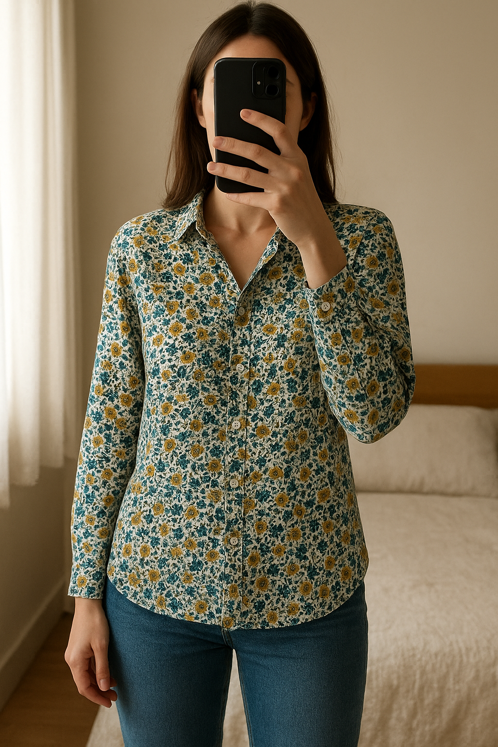 Chemise Camaïeu fleurie 36 debout, face à la caméra, dans une chambre à la lumière douce, avec une lumière naturelle filtrant par la fenêtre.