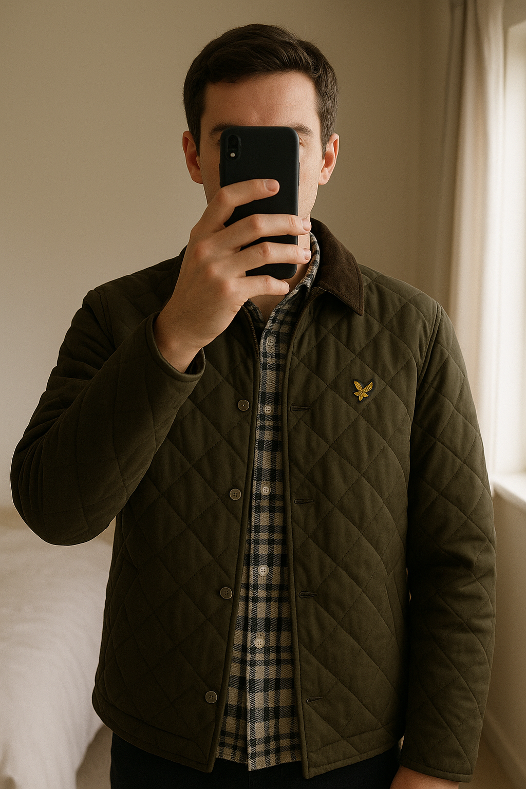Veste matelassée Lyle & Scott - neuve avec étiquette - taille S debout, face à la caméra, dans une chambre à la lumière douce, avec une lumière naturelle filtrant par la fenêtre.