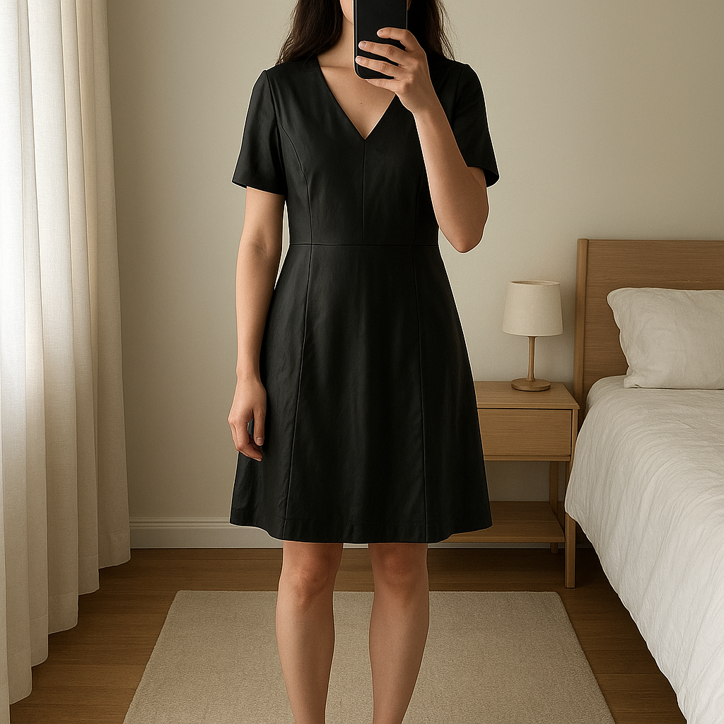 Robe simili-cuir noire Taille M debout, face à la caméra, dans une chambre à la lumière douce, avec une lumière naturelle filtrant par la fenêtre.
