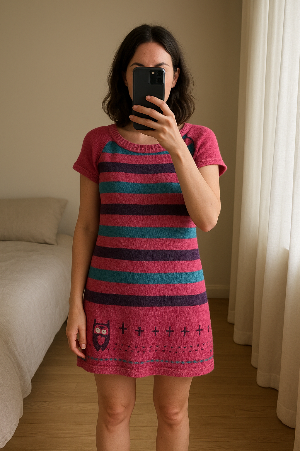 Robe/pull 6 mois debout, face à la caméra, dans une chambre à la lumière douce, avec une lumière naturelle filtrant par la fenêtre.