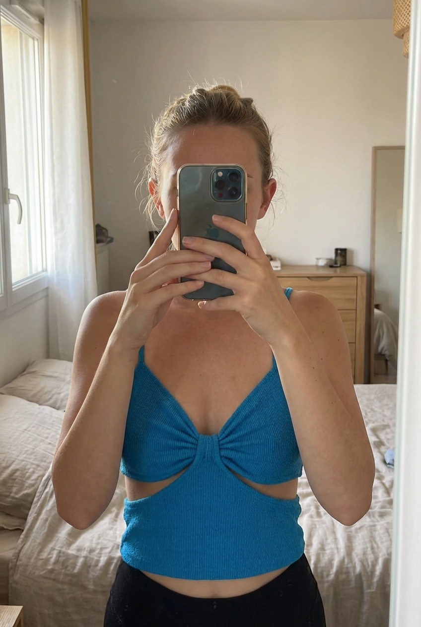 Top débardeur bleu debout, face à la caméra, dans une chambre à la lumière douce, avec une lumière naturelle filtrant par la fenêtre.