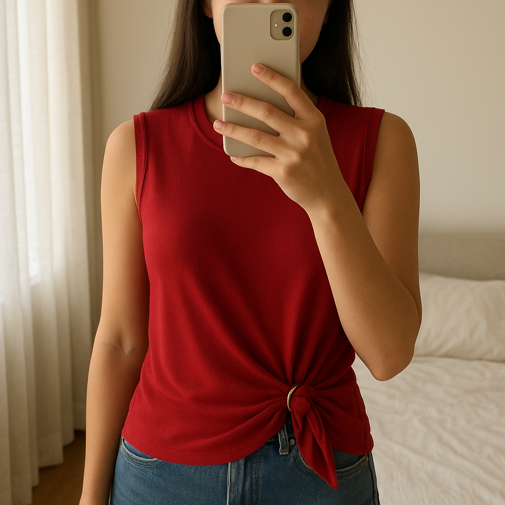 Haut Shein T36 rouge debout, face à la caméra, dans une chambre à la lumière douce, avec une lumière naturelle filtrant par la fenêtre.