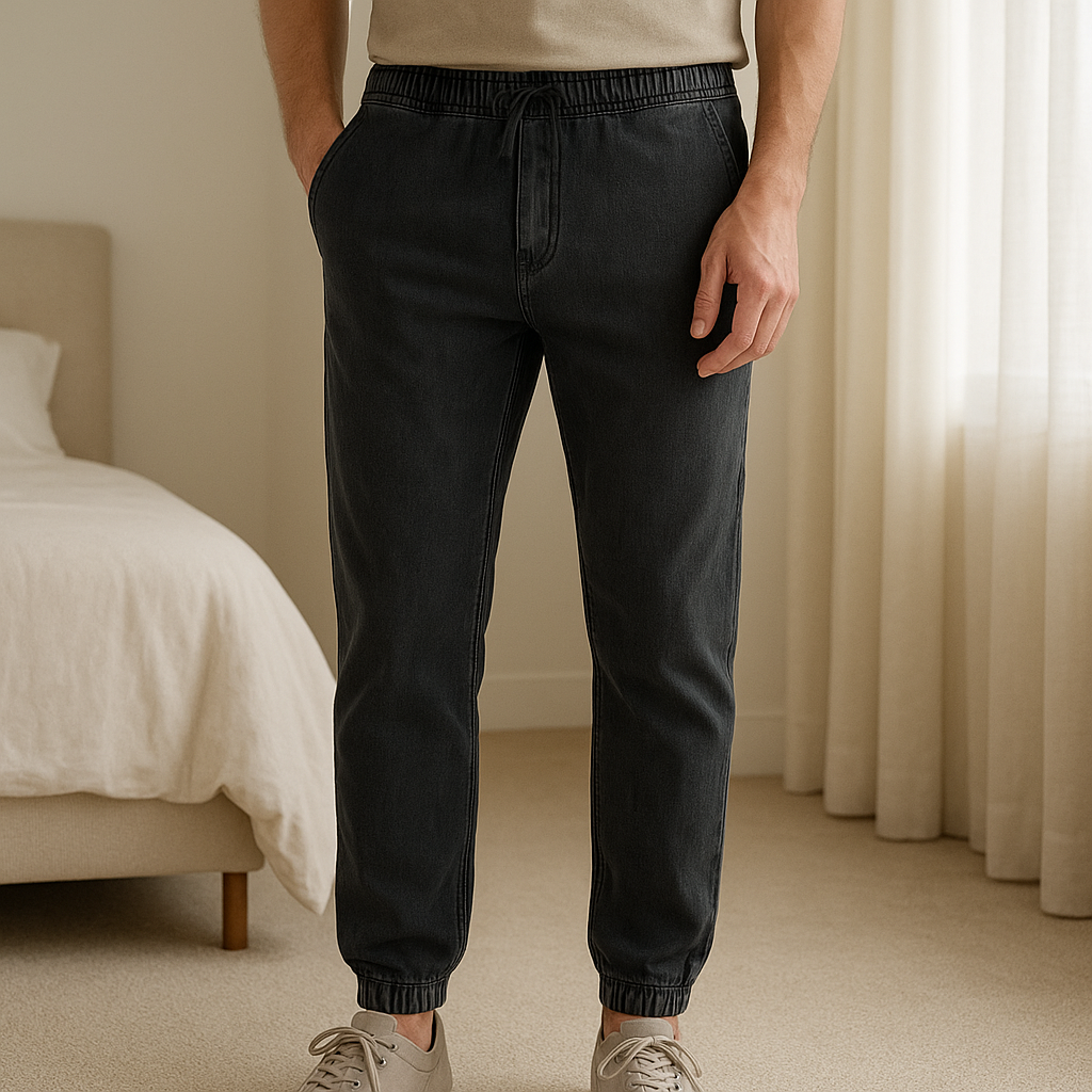 Jean Levi’s Stretch Coupe Droite W36FR46 Homme Noir/Gris 83%Coton debout, face à la caméra, dans une chambre à la lumière douce, avec une lumière naturelle filtrant par la fenêtre.