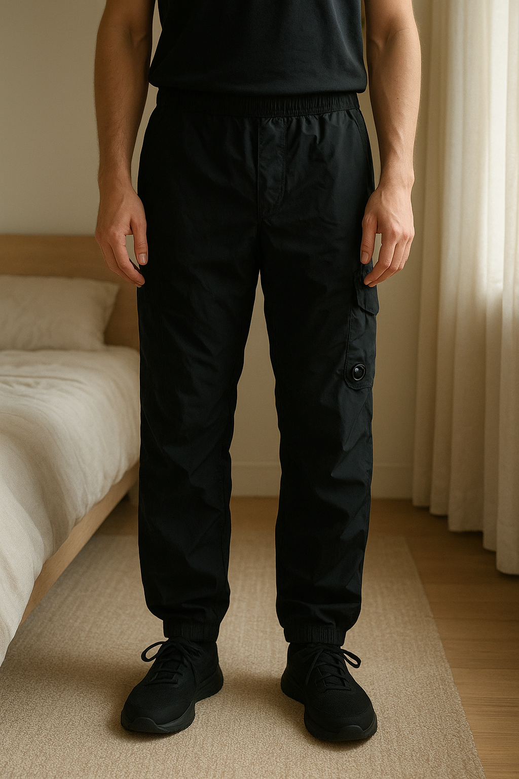Pantalon CP Company debout, face à la caméra, dans une chambre à la lumière douce, avec une lumière naturelle filtrant par la fenêtre.
