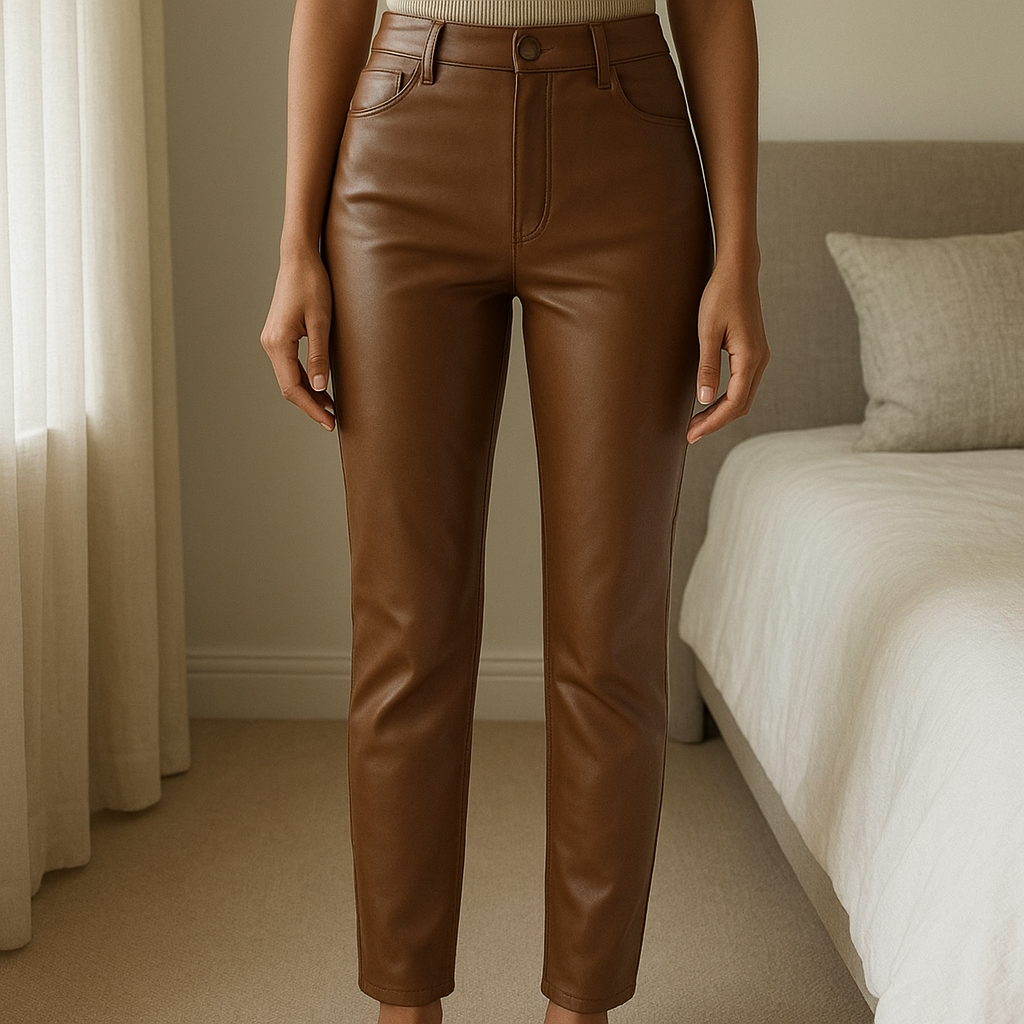 Une personne en Pantalon simili cuir marron chocolat debout, face à la caméra, avec une silhouette fine, dans une chambre à la lumière douce, avec une lumière naturelle filtrant par la fenêtre.