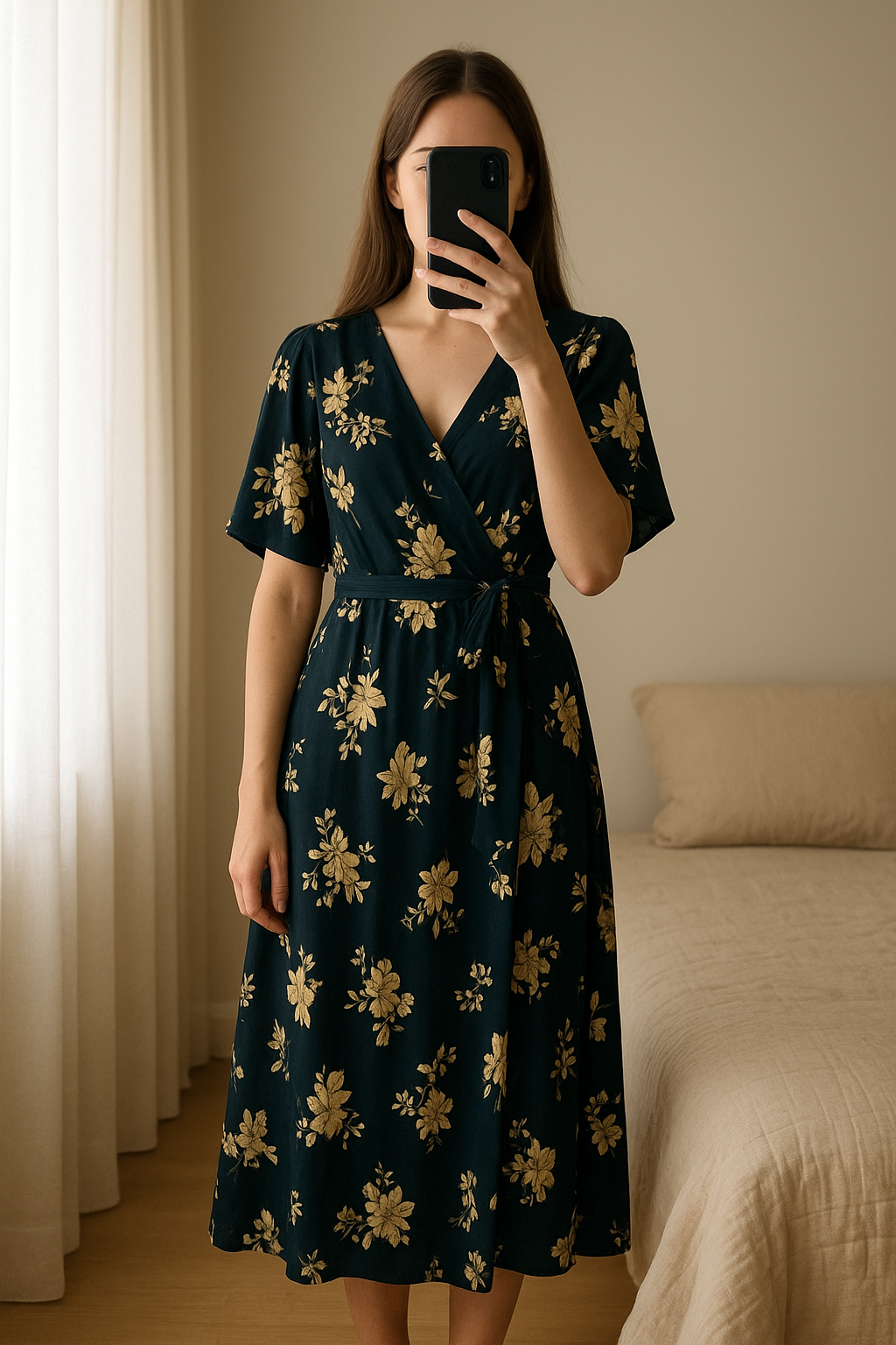Stunning black and gold maxi dress standing straight facing the camera, in a softly lit bedroom setting, with gentle natural light filtering through a window.