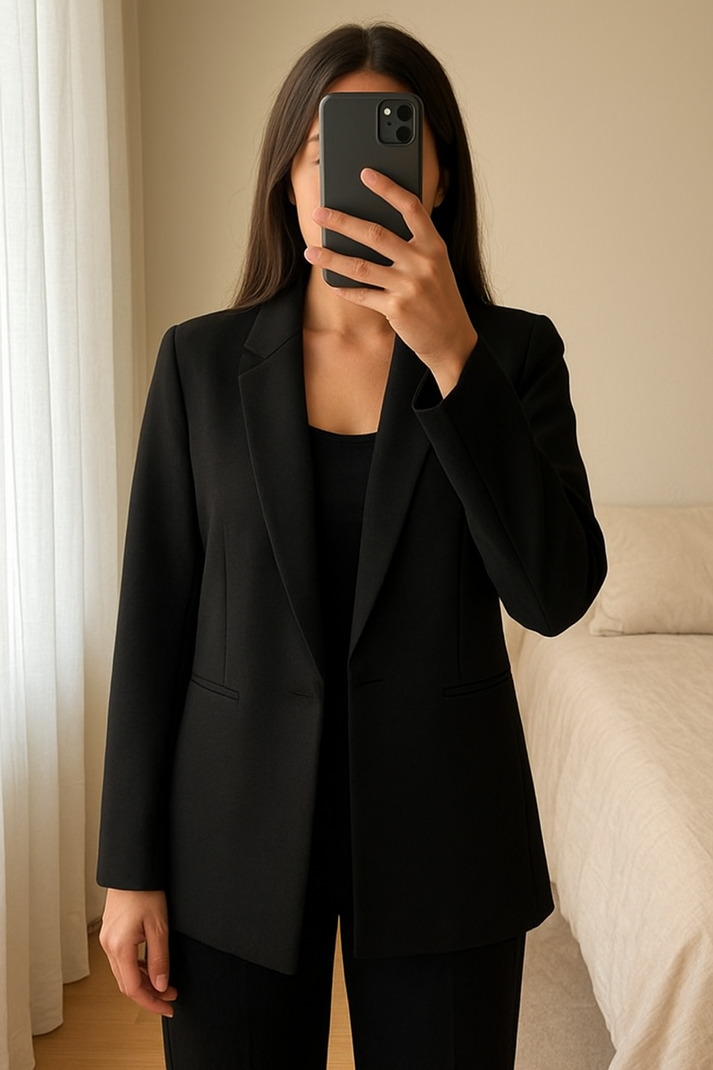 Blazer femme debout, face à la caméra, dans une chambre à la lumière douce, avec une lumière naturelle filtrant par la fenêtre.