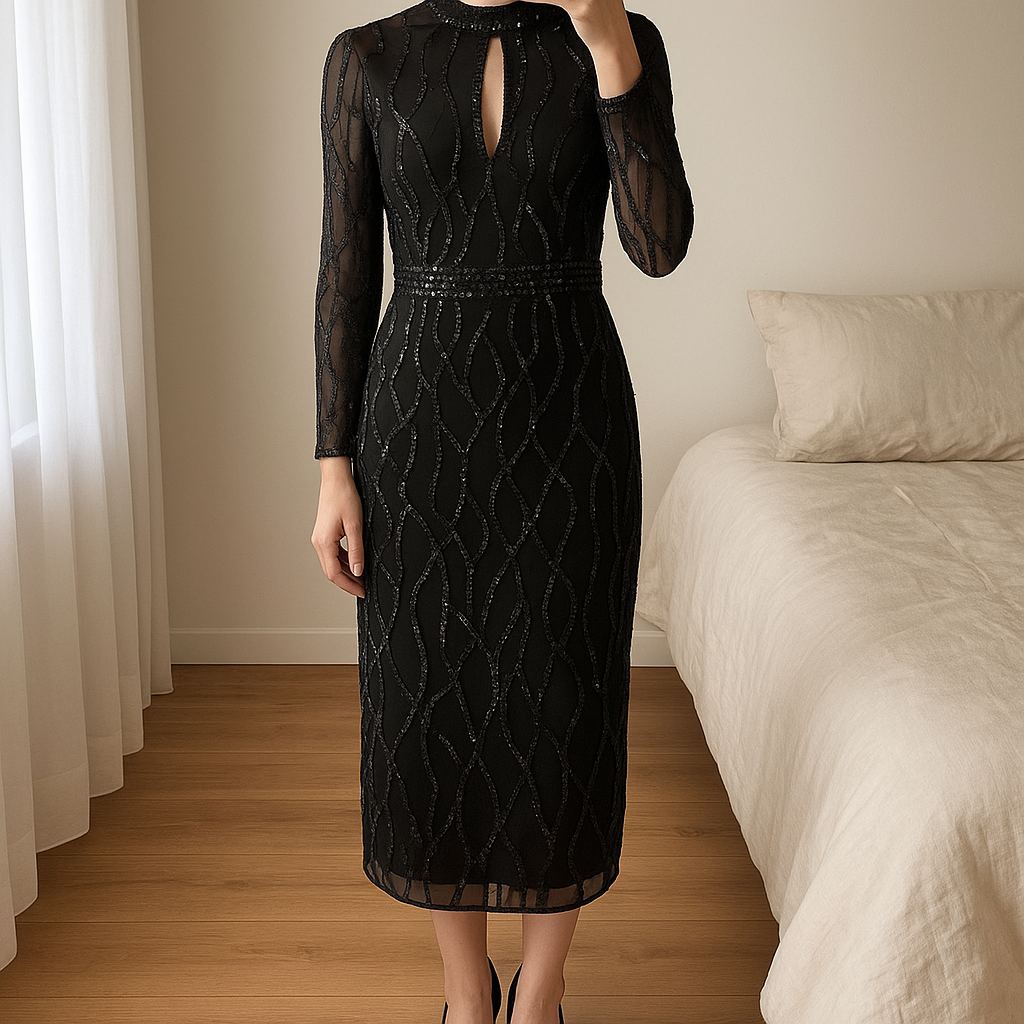 Black sequin size 14 high neck keyhole midi pencil dress standing straight facing the camera, in a softly lit bedroom setting, with gentle natural light filtering through a window.