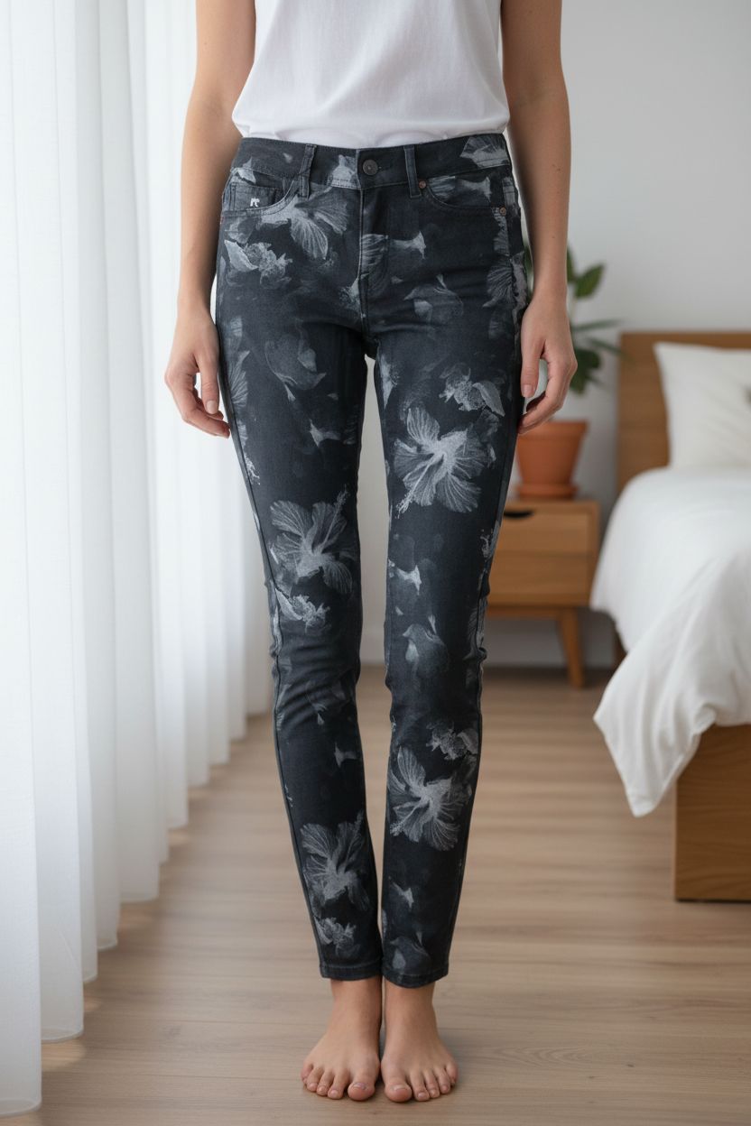 Jeans slim debout, face à la caméra, dans une chambre à la lumière douce, avec une lumière naturelle filtrant par la fenêtre.