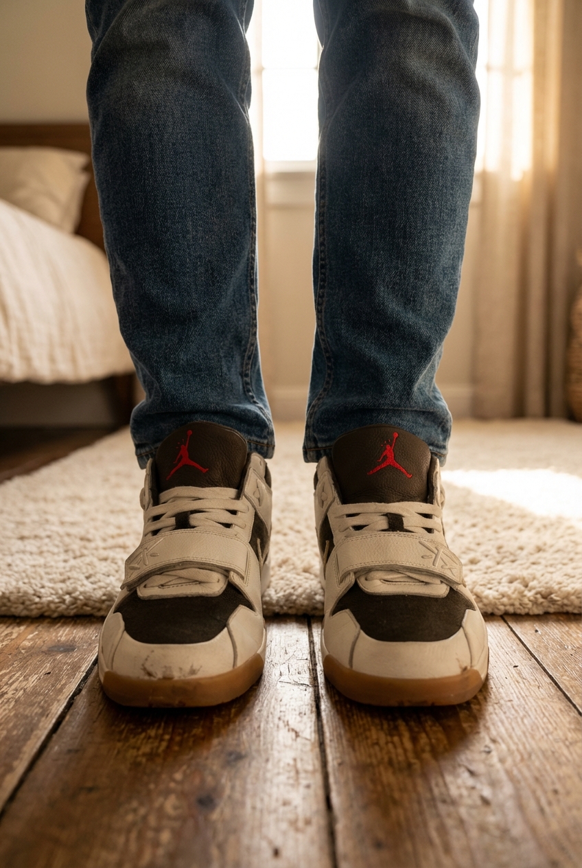 Nike air Jordan Travis Scott debout, face à la caméra, dans une chambre à la lumière douce, avec une lumière naturelle filtrant par la fenêtre.