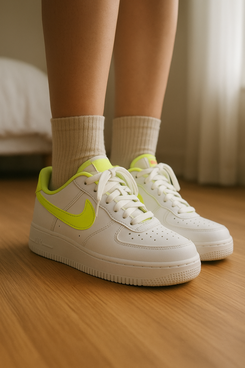 Baskets Nike Air force jaune fluo et blanches debout, face à la caméra, dans une chambre à la lumière douce, avec une lumière naturelle filtrant par la fenêtre.