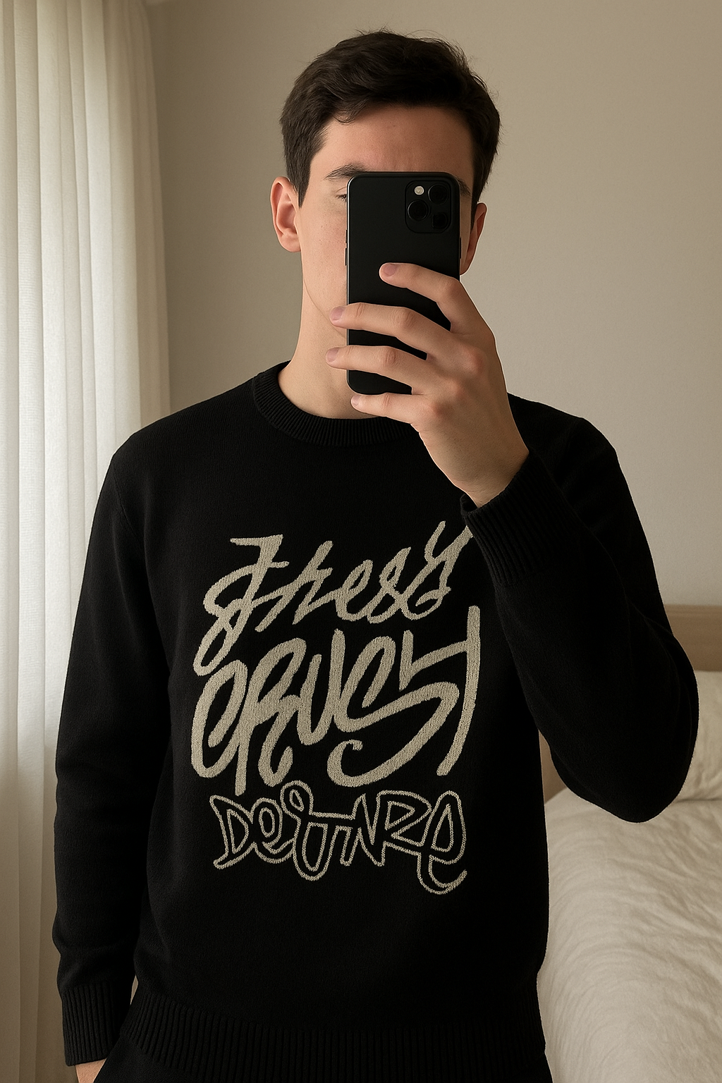 Pull Bershka noir avec motif 🎨 debout, face à la caméra, dans une chambre à la lumière douce, avec une lumière naturelle filtrant par la fenêtre.