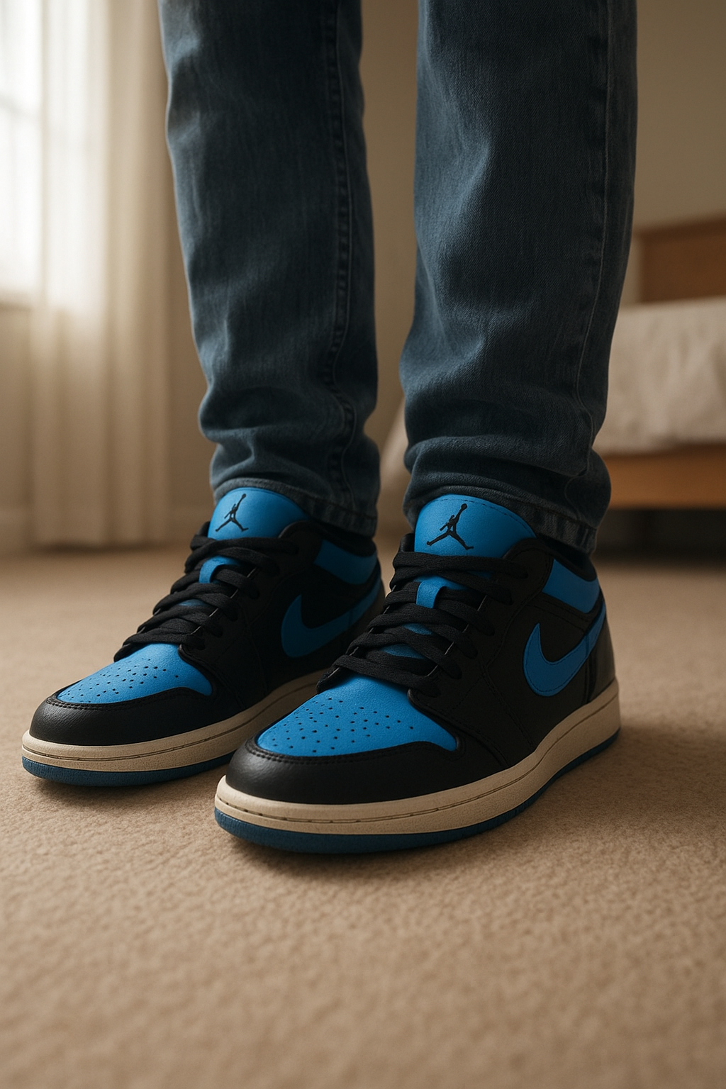 Air Jordan 1 low Black University Blue debout, face à la caméra, dans une chambre à la lumière douce, avec une lumière naturelle filtrant par la fenêtre.