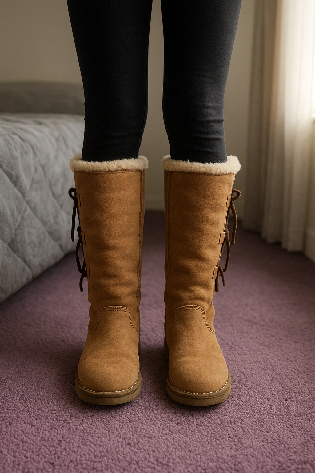 Warme gefütterte Winterstiefel debout, face à la caméra, dans une chambre à la lumière douce, avec une lumière naturelle filtrant par la fenêtre.