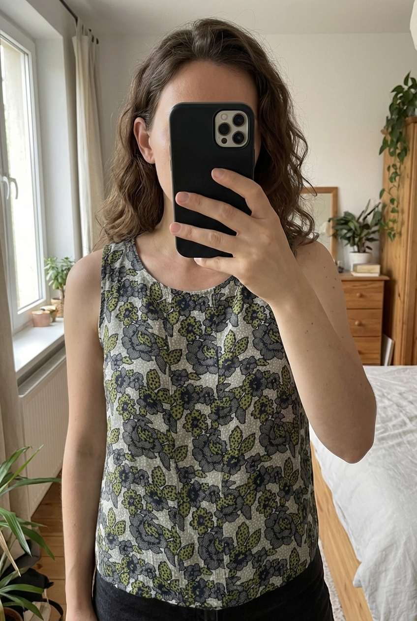 Top sans manche debout, face à la caméra, dans une chambre à la lumière douce, avec une lumière naturelle filtrant par la fenêtre.