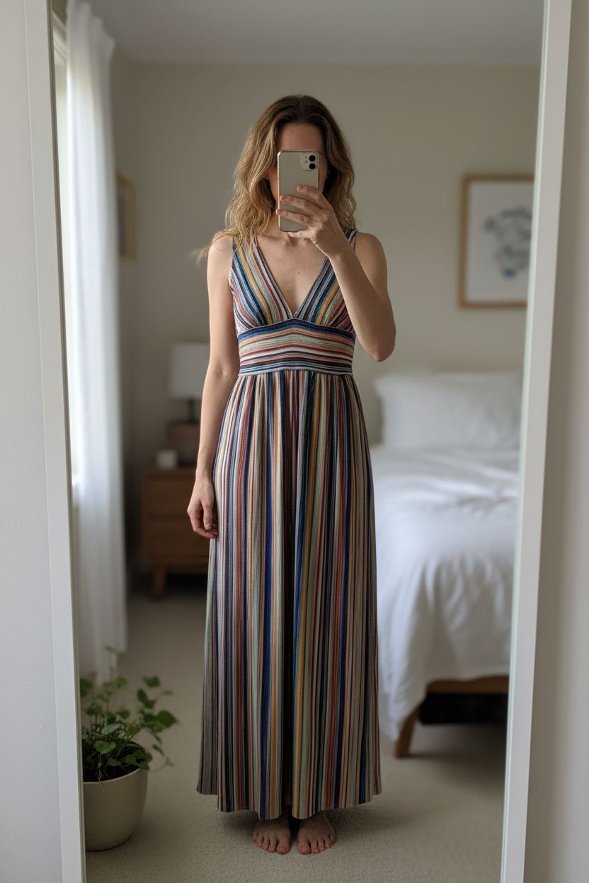 Longue robe été femme S Abito lungo donna estate in piedi, rivolto verso la fotocamera, in una camera da letto con luce soffusa e luce naturale che filtra dalla finestra.