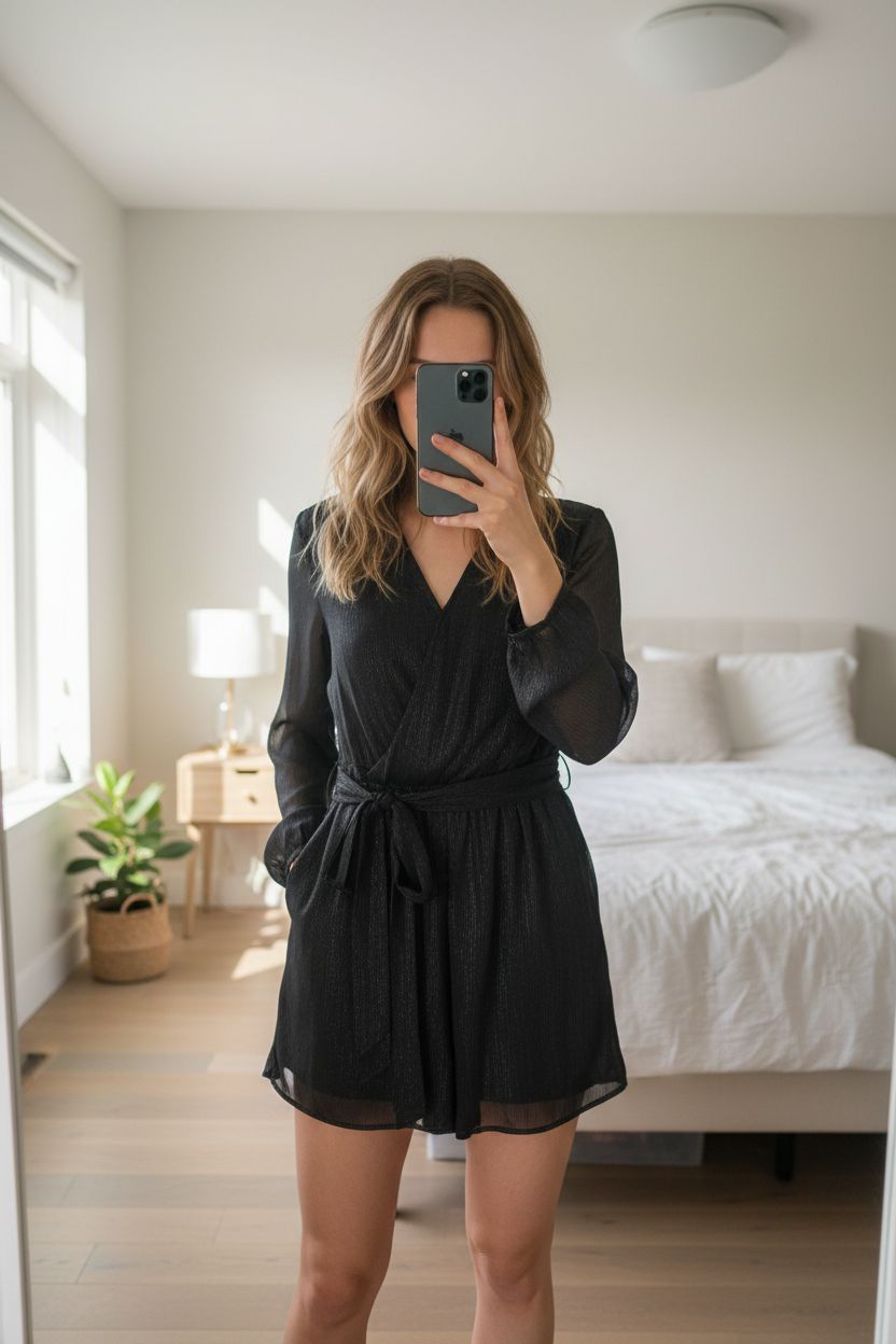 AllSaints Karine Striped Playsuit Size 12 standing straight facing the camera, in a softly lit bedroom setting, with gentle natural light filtering through a window.