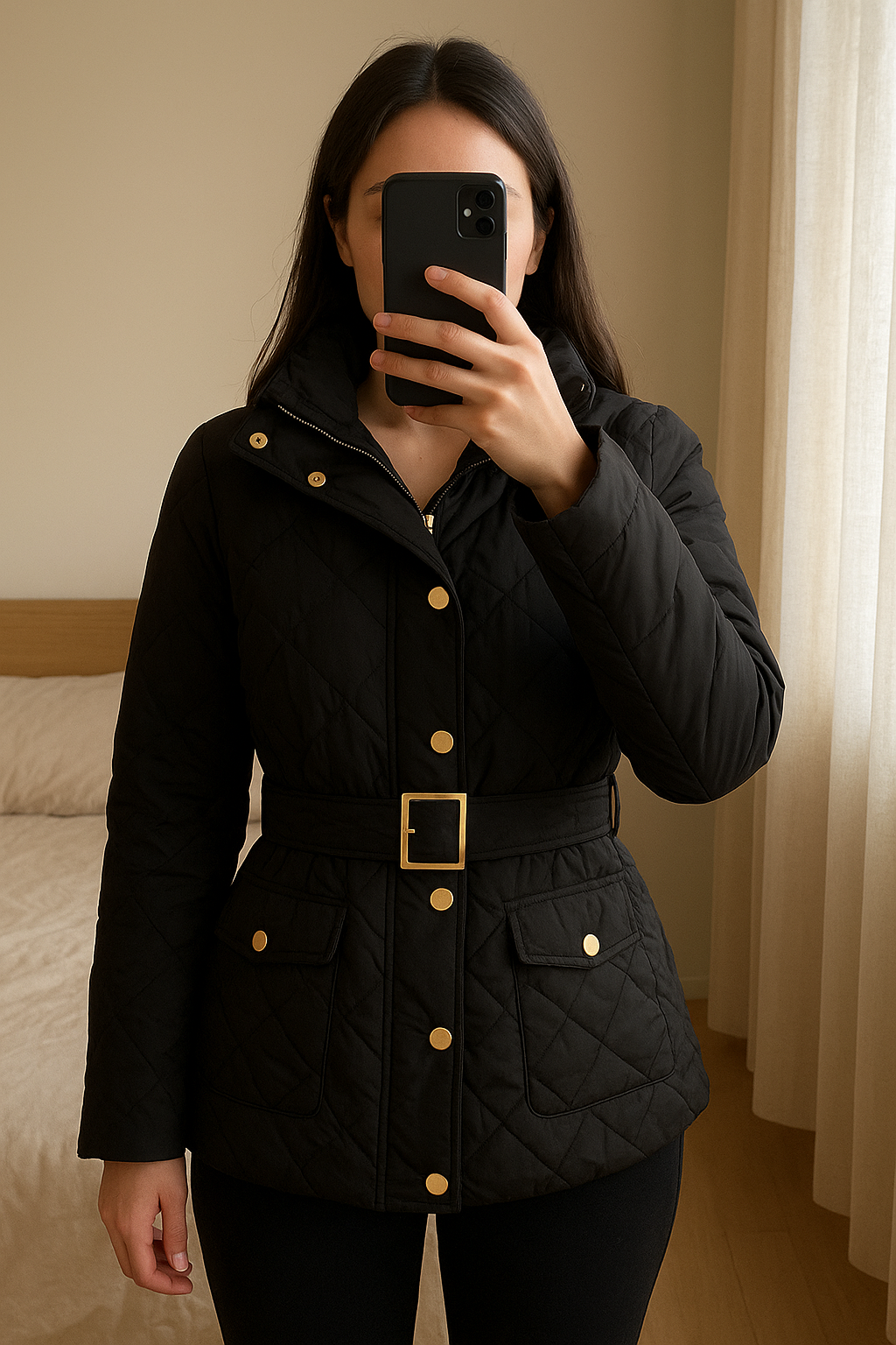 Winterjas - Xandres - maat 38 - als nieuw debout, face à la caméra, dans une chambre à la lumière douce, avec une lumière naturelle filtrant par la fenêtre.