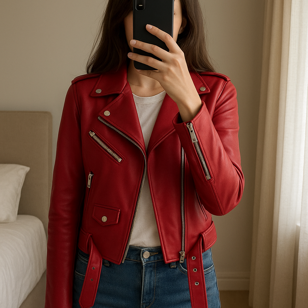 Giacca in pelle rossa in piedi, rivolto verso la fotocamera, in una camera da letto con luce soffusa e luce naturale che filtra dalla finestra.