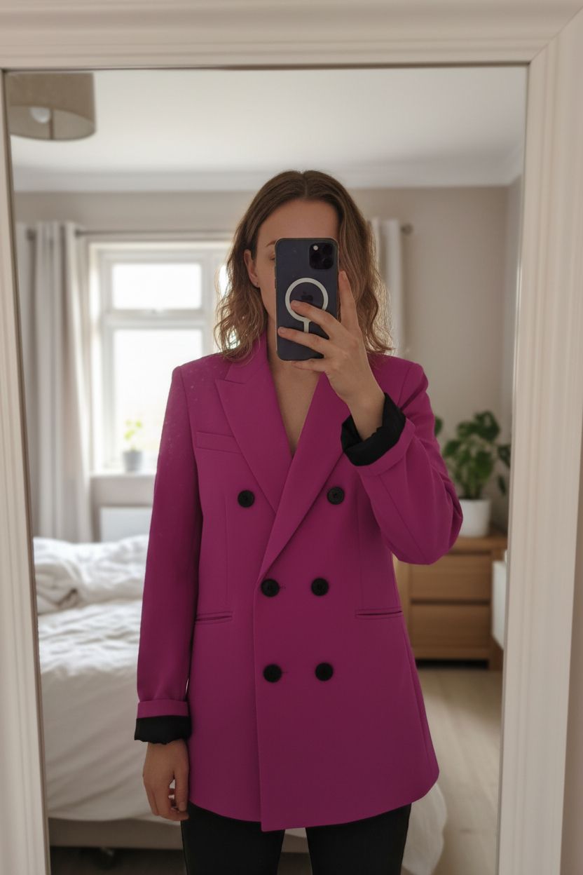 Ladies blazer standing straight facing the camera, in a softly lit bedroom setting, with gentle natural light filtering through a window.