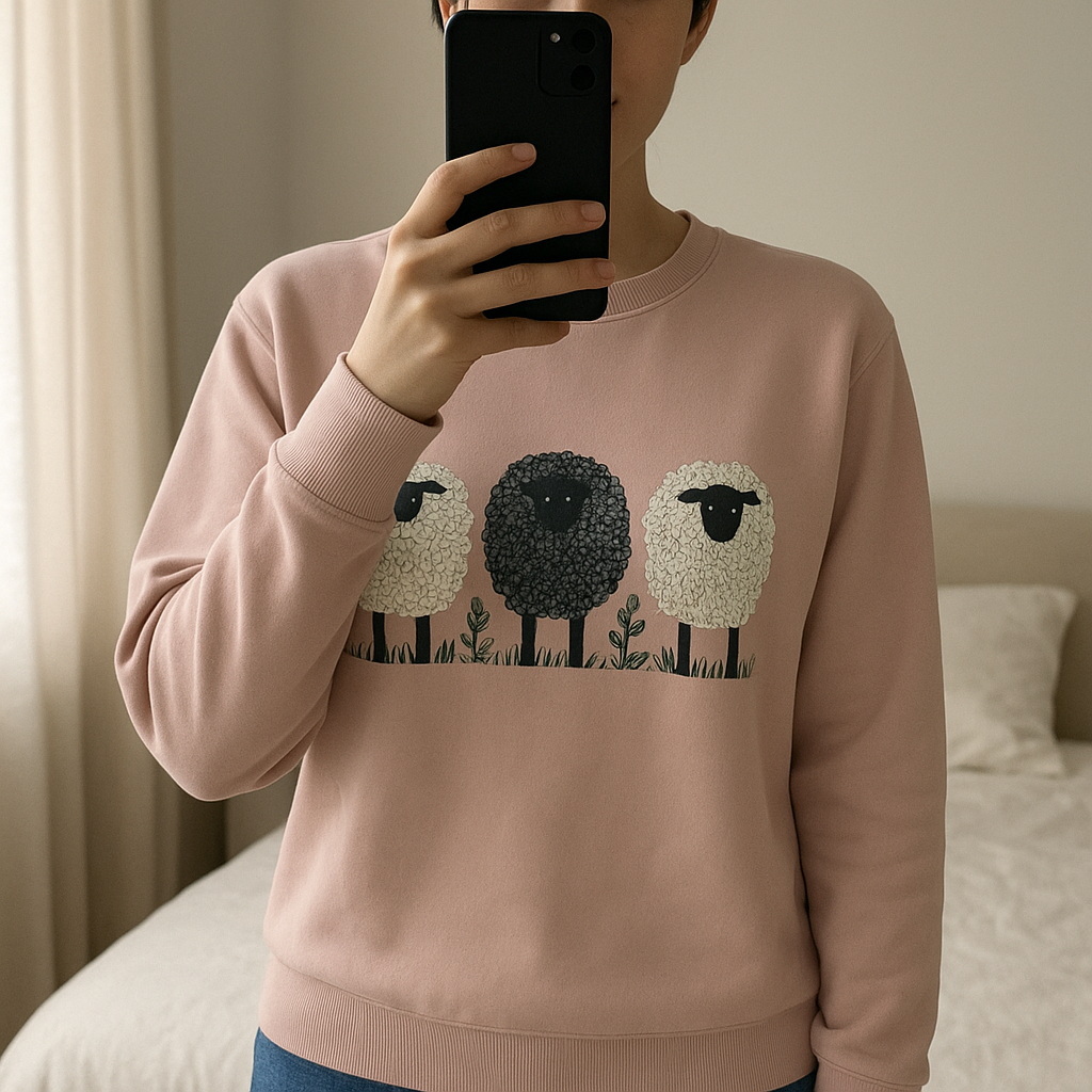 Pink sweatshirt - lovely sheep - size Medium 10/12 standing straight facing the camera, in a softly lit bedroom setting, with gentle natural light filtering through a window.