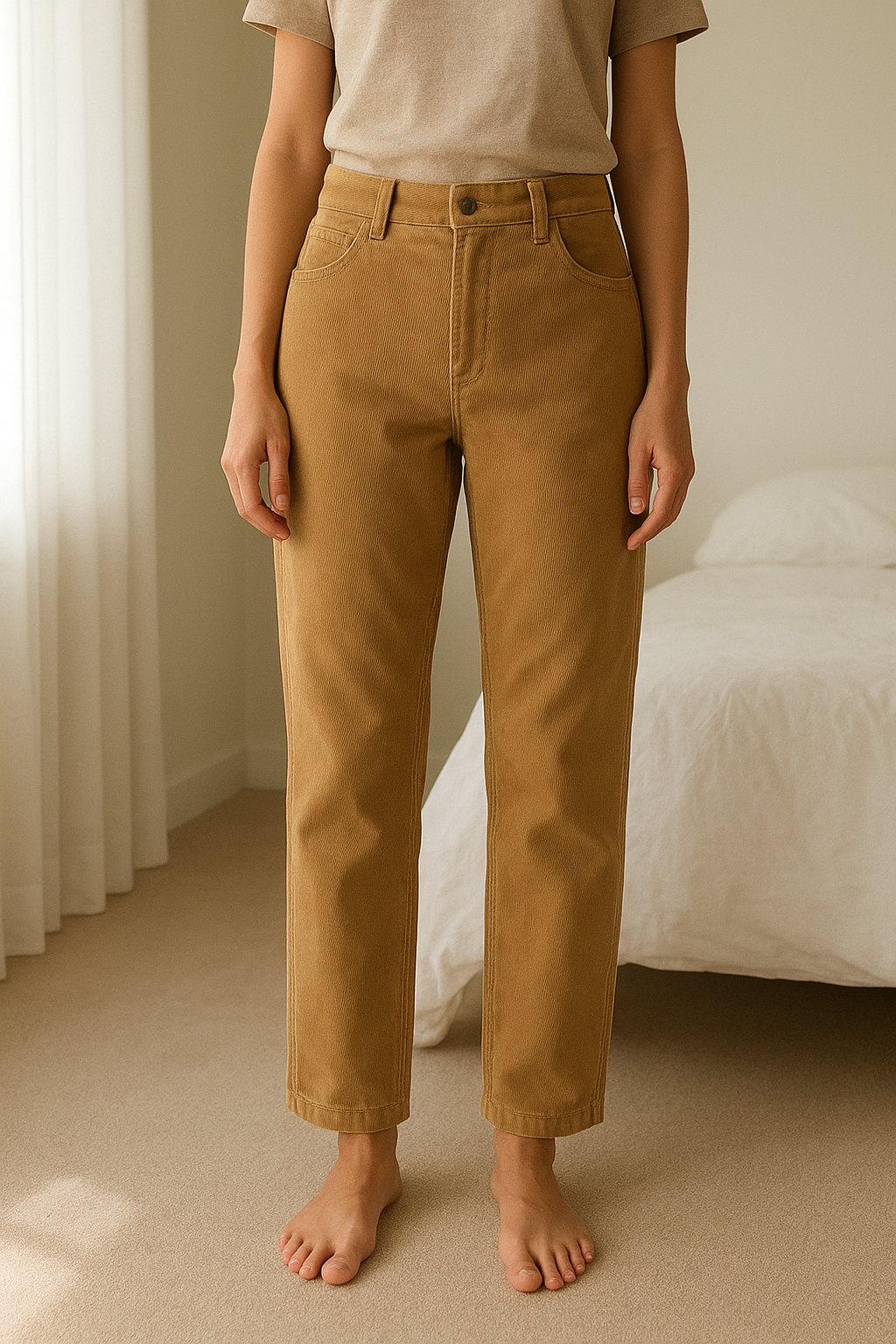 Pantalon en velours Hoalen debout, face à la caméra, dans une chambre à la lumière douce, avec une lumière naturelle filtrant par la fenêtre.
