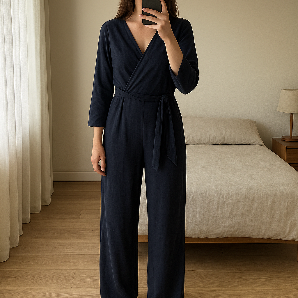 Combinaison pantalon bleu marine taille 40 neuve debout, face à la caméra, dans une chambre à la lumière douce, avec une lumière naturelle filtrant par la fenêtre.