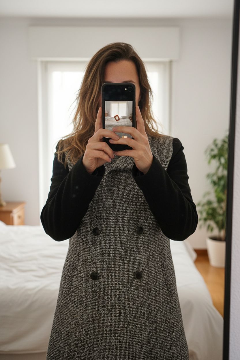 Abrigo mujer Mango Negro/Blanco S de pie, mirando a la cámara, en un dormitorio con luz suave y natural filtrándose por la ventana.