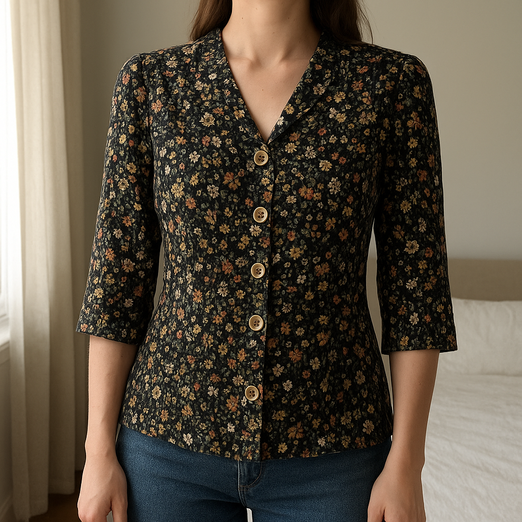 Blouse Stradivarius à fleurs taille M debout, face à la caméra, dans une chambre à la lumière douce, avec une lumière naturelle filtrant par la fenêtre.