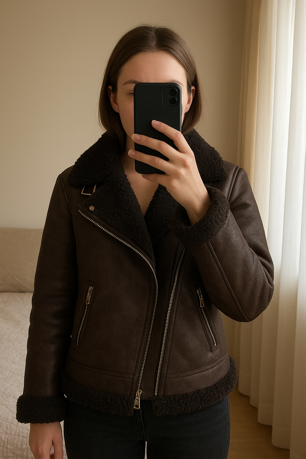 Veste polaire à l’intérieur debout, face à la caméra, dans une chambre à la lumière douce, avec une lumière naturelle filtrant par la fenêtre.